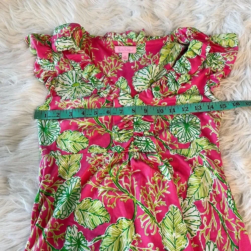 Lilly Pulitzer Clare Silk Blend Jersey Dress‎ Ruffle Pink Green Floral Size XS